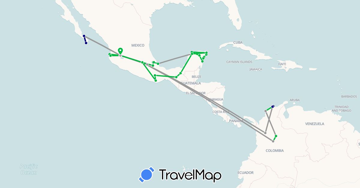 TravelMap itinerary: driving, bus, plane in Colombia, Mexico (North America, South America)